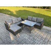 Fimous 7 places Garden Furniture Canapé Set Table à manger rectangulaire Grand tabouret Intérieur Extérieur Rattan Set Gris foncé mixte