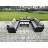 Fimous Ensemble de canapés en rotin 9 places Salon de jardin avec Table basse rectangulaire Canapé 3 places Gris foncé mixte