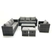 Fimous Salon de jardin Ensemble 9 places avec Dessus en verre Table basse 2 Petits tabourets