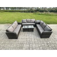 Fimous 11 places Ensemble de canapés en rotin Salon de jardin avec Table basse rectangulaire Table d'appoint 2 Petits tabourets Canapé 3 places Gris foncé mixte