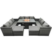Fimous – Salon de jardin 11 places en rotin PE – Table en verre 140x80cm – Cadre en acier galvanisé – Faible entretien, coussins lavables
