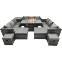 Fimous Ensemble de meubles de jardin en rotin ave Table de foyer à gaz 13 places Canapé Lounge Firepit Dining Table avec 4 Tabourets Tables d'appoint