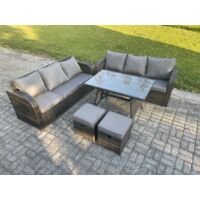 Fimous 8 places Garden Furniture Canapé Set Table à manger rectangulaire 2 Petits tabourets Intérieur Extérieur Rattan Set Gris foncé mixte