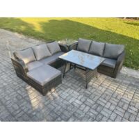 Fimous Garden Furniture Canapé Set Table à manger rectangulaire Grand tabouret Table d'appoint Intérieur Extérieur 7 places Rattan Set Gris foncé mixte