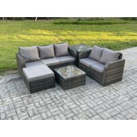 Fimous Salon de jardin 6 places Ensemble de canapés en rotin Table basse carrée Grand tabouret Table d'appoint