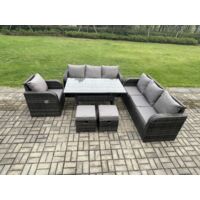 Fimous 9 places Ensemble de canapés de jardin en rotin Table à manger rectangulaire avec Fauteuil 2 Petits repose-pieds Gris foncé mélangé