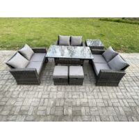 Fimous Ensemble de meubles de jardin en rotin s avec Table à manger oblongue DoppelsitzCanapé Table d'appoint 2 Petits repose-pieds Gris foncé mélangé