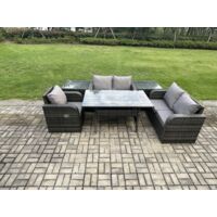 Fimous Ensemble de canapés de jardin en rotin Table à manger rectangulaire avec Fauteuils 2 Tables d'appoint Gris foncé mélangé