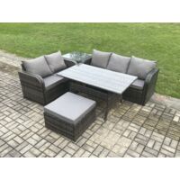 Fimous Salon de Jardin en résine tressée Table à manger rectangulaire et Canapé avec Table d'appoint Grands Tabouret Gris foncé mélangé