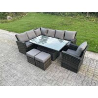 Fimous Dos haut Ensemble de meubles de jardin en rotin avec canapé d'angles Table à manger réglable en hauteur Gris foncé mélangé 9 places Coin gauche