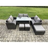 Fimous 9 places Ensemble de meubles de jardin en rotin d'extérieur avec Table à manger rectangulaire canapé deux places 3 Repose-pieds Gris foncé mélangé