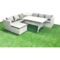 Fimous Ensemble de meubles de jardin en rotin 7 places avec table de salle à manger Table d'appoint Grands Tabouret Gris clair mélangé