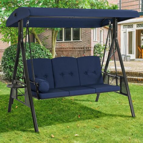 YODOLLA Patio Schaukelstuhl für Erwachsene, 3-Sitzer Veranda Schaukeln mit verstellbarem Baldachin, Außenschaukelbank mit abnehmbarem Kissen, geeignet für Hinterhof, Garten, Hof, Pool, Balkon (Blau)