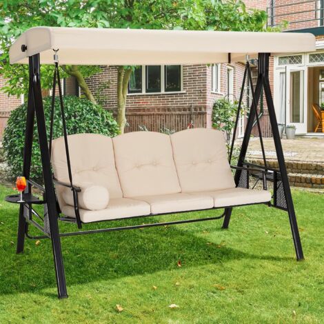 YODOLLA Patio Schaukelstuhl für Erwachsene, 3-Sitzer Veranda Schaukeln mit verstellbarem Baldachin, Außenschaukelbank mit abnehmbarem Kissen, geeignet für Hinterhof, Garten, Hof, Pool, Balkon (Beige)