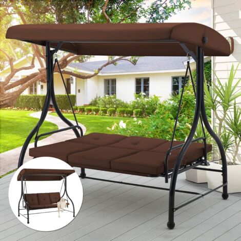 YODOLLA 3-Sitzer-Schaukel für die Veranda im Freien mit Verstellbarer Rückenlehne und Baldachin, Schaukel für die Terrasse mit abnehmbaren Kissen Schaukelbett für Veranda, Garten, Pool (Braun)
