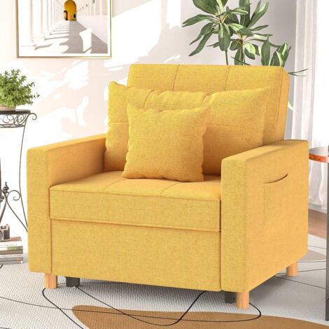 YODOLLA 192cm Schlafsessel 3-in-1 Schlaferstuhl Ausziehbar Schlafstuhl Betten, Schlafsofa mit Seitentasche und Regulierbarer Rückenlehne für Erwachsene Leinenstoff Sofa Bed Chair, Gelb