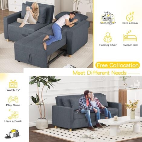 YODOLLA 3-in-1 Schlafsessel, Doppelbett mit Verstellbarer Rückenlehne zu einem Schlafsofa, Schlafsessel mit Bettfunktion, Ausziehbar Schlafsofa für Erwachsene, Dunkelgrau