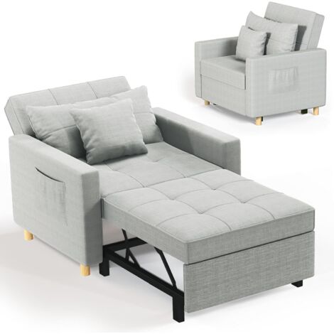 YODOLLA 192cm Schlafsessel 3-in-1 Schlaferstuhl Ausziehbar Schlafstuhl Betten, Schlafsofa mit Seitentasche und Regulierbarer Rückenlehne für Erwachsene Leinenstoff Sofa Bed Chair, Hellgrau