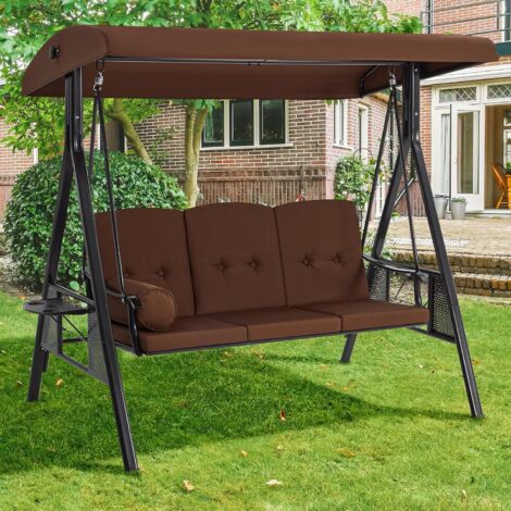 YODOLLA Patio Schaukelstuhl für Erwachsene, 3-Sitzer Veranda Schaukeln mit verstellbarem Baldachin, Außenschaukelbank mit abnehmbarem Kissen, geeignet für Hinterhof, Garten, Hof, Pool, Balkon (Braun)