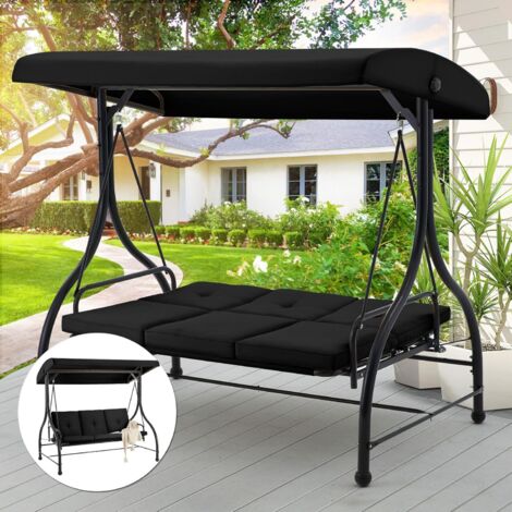 YODOLLA 3-Sitzer-Schaukel für die Veranda im Freien mit Verstellbarer Rückenlehne und Baldachin, Schaukel für die Terrasse mit abnehmbaren Kissen Schaukelbett für Veranda, Garten, Pool (Schwarz)