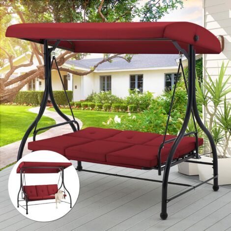 YODOLLA 3-Sitzer-Schaukel für die Veranda im Freien mit Verstellbarer Rückenlehne und Baldachin, Schaukel für die Terrasse mit abnehmbaren Kissen Schaukelbett für Veranda, Garten, Pool (Rot)