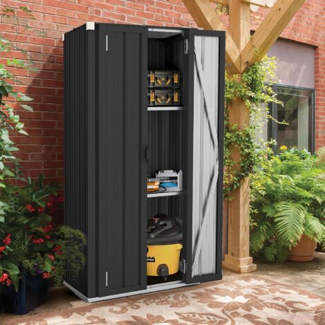 YODOLLA Gartenschrank, 177.5 x 76 x 55.6 cm Geräteschuppen Metall, Wetterfest Outdoor-Schrank Lagerschuppen Hohe für Hinterhof, Terrasse, Rasen, Dunkelgrau (1/5)