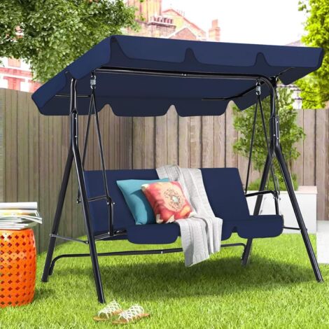 YODOLLA 3-Sitzer Hollywoodschaukel mit verstellbarem Vordach, Gartenschaukel mit abnehmbarem Kissen und verstellbarem Schatten (Blau)