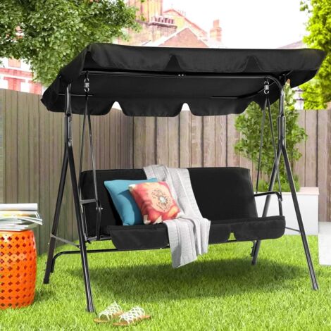 YODOLLA 3-Sitzer Hollywoodschaukel mit verstellbarem Vordach, Gartenschaukel mit abnehmbarem Kissen und verstellbarem Schatten (Schwarz)