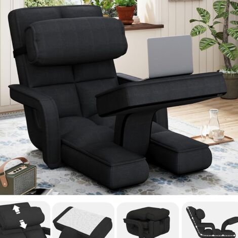 YODOLLA Verstellbarer Bodenstuhl, zusammenklappbar, mit Armlehnen, Gaming-Lounge-Liege mit Kissen und Fußstütze, Schwarz
