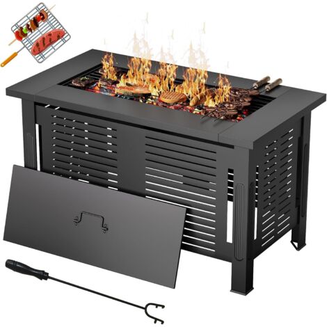 YODOLLA Holzbrennender Feuertisch, 3-in-1 Gartenfeuerstelle, Metallfeuerkamin für Outdoor Party, 108x58x63cm, Schwarz (1/5)
