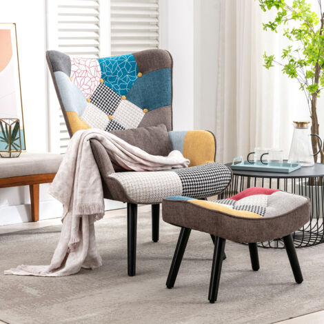 Relaxsessel mit Hocker Patchwork Sessel Ohrensessel Holz Sessel Wohnzimmer, moderner Fernsehsessel Loungesessel Stuhl Patchwork Leinen Massivholzfüße Braun