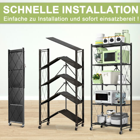 HomeMiYN Klappbares Regal mit Rollen 4 Etagen 5 Etagen Schwerlastregal Standregal Klappbares Küchenregal 71x34x121/159cm Metallregal Schwarz Lagerregal Regal für die Küche Wohnzimmer Büro (5 Etagen) (1/5)