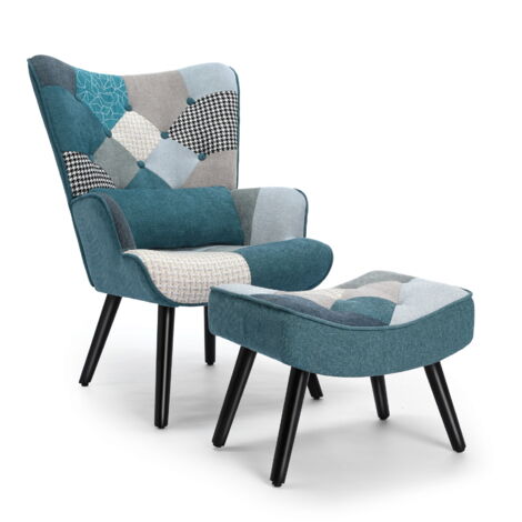 Skandinavischer Wohnzimmer-Sessel aus Patchwork-Canvas mit integriertem Hocker – Eleganz und Komfort