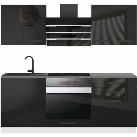 Belini Cuisine Equipee Complete Mary Muebles de Cuisine Complets - 180 cm. Cuisine Complete sans Plan de Travail, Noir très Brillant (1/4)