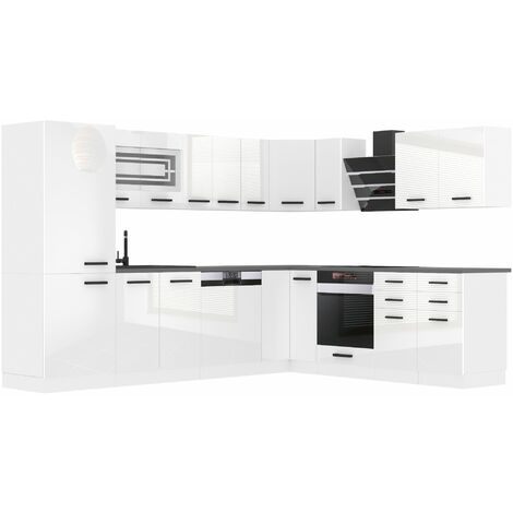 Belini – Cuisine complète L-Forme sans plan de travail – Blanc brillant – Dimensions 60x460x204 cm – Tiroirs en métal avec fermeture silencieuse (1/4)
