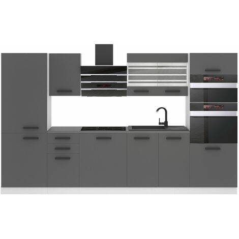 Belini – Cuisine équipée complète 300 cm – Corps en panneaux de particules 16 mm – Finition argent mat – Système de fermeture silencieuse (1/4)