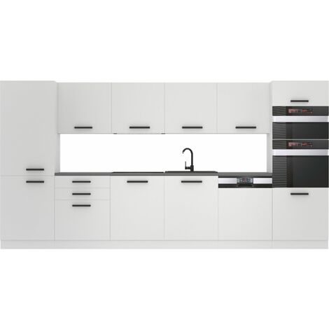 Belini – Cuisine complète 360 cm sans plan de travail – Façades en blanc mat – Corps en panneaux de particules – Système de fermeture silencieuse
