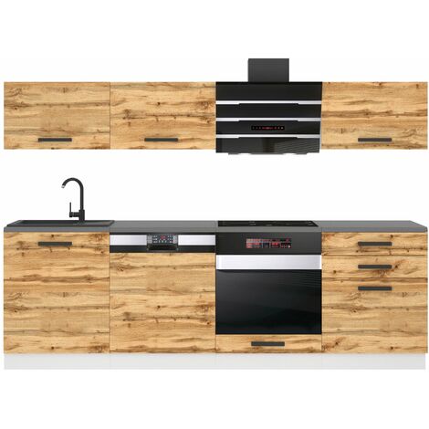 Belini – Cuisine complète 240 cm en chêne Wotan – Système de fermeture silencieuse – Meubles sous évier et pour four inclus – Installation murale facile (1/4)