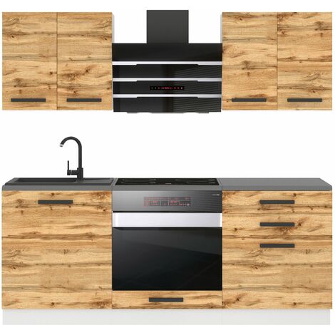 Belini – Cuisine complète 180 cm sans plan de travail – Corps en panneaux de particules – Façades chêne wotan – Système de fermeture silencieuse (1/4)