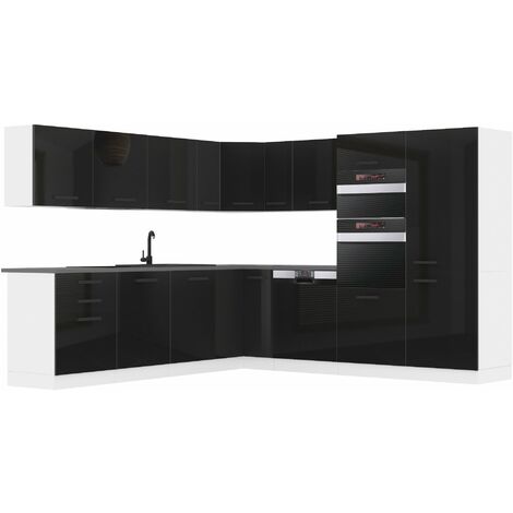 Belini – Cuisine équipée complète L-Forme sans plan de travail – Finition noir brillant – Dimensions 60x480x204 cm – Matériau panneaux de particules (1/4)