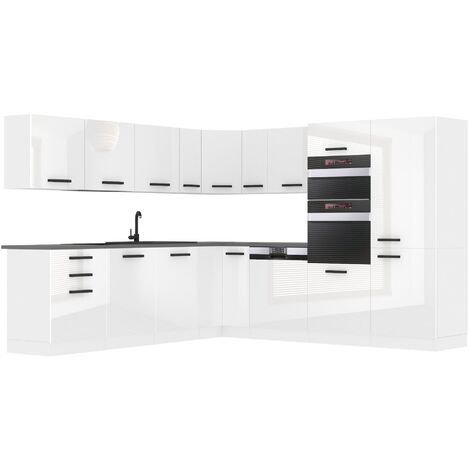 Belini – Cuisine équipée complète L-forme avec plan de travail stratifié HPL – Façades brillantes – Dimensions 60x480x204 cm – Installation murale facile (1/3)
