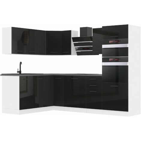 Belini Cuisine Equipee Complete Melanie Muebles de Cuisine Complets. L-Forme Cuisine. Cuisine Complete sans Plan de Travail, Noir très Brillant (1/4)
