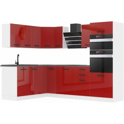Belini – Cuisine équipée complète L-forme avec plan de travail 360x204 cm – Finition rouge brillant – Corps en panneaux de particules 16 mm (1/4)