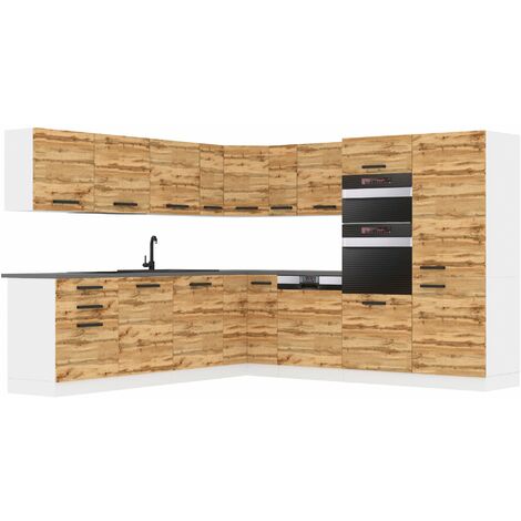 Belini – Cuisine complète L-Forme sans plan de travail – Chêne Wotan – 60 x 480 x 204 cm – Système PRO+ avec tiroirs en métal (1/4)