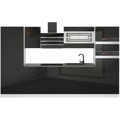 Belini Cuisine Equipee Complete Mila Muebles de Cuisine Complets - 300 cm. Cuisine Complete avec Plan de Travail, Noir très Brillant (1/4)
