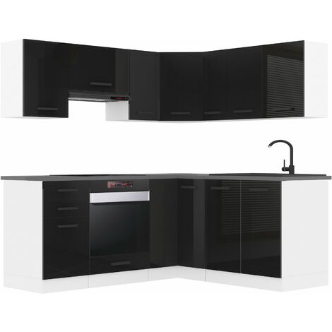 Belini Cuisine Equipee Complete Sarah Muebles de Cuisine Complets. L-Forme Cuisine. Cuisine Complete sans Plan de Travail, Noir très Brillant (1/5)