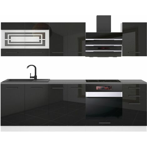 Belini – Cuisine complète 240 cm avec plan de travail noir brillant – Corps en panneaux de particules 16 mm – Système de fixation professionnelle (1/4)
