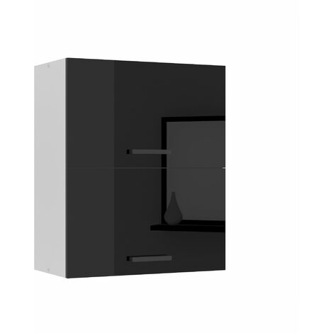 BELINI Meuble Haut Cuisine SGP2-60 I Meubles de Cuisine - Mural, Rangements, 2 Portes I Taille: 29,6 x 60 x 72 cm I Armoire Murale avec Poignée en Métal I Couleur: Noir très Brillant (1/5)