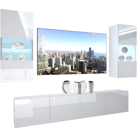 Belini – Ensemble meuble TV avec illumination LED – Dimensions 200 x 180 x 36 cm – Panneaux de particules 16 mm – Finition blanche brillante