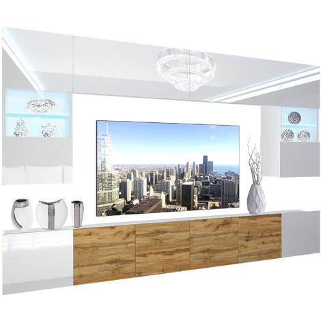 BELINI - Unité Murale TV NEX I Ensemble Muebles de Salon Complet I Ensemble Meuble TV avec Illumination LED I Dimensions: 300 x 180 x 36 cm I Coleur: Blanc très Brillant/chêne wotan 3